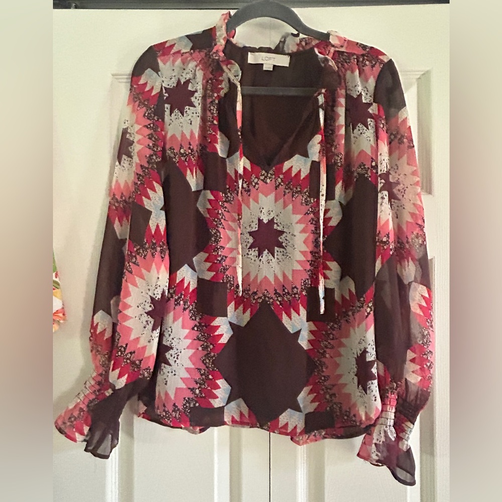 Loft Blouse Women’s Size M Brown Multicolor Aztec Long Sleeve Top Fall